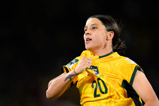 Sam Kerr of Australia celebrates after scoring 1-1