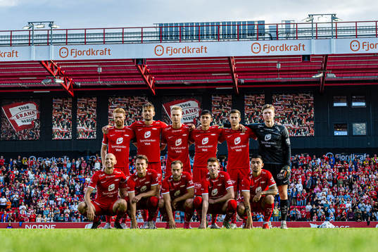 The starting eleven of Brann, from the top left; Sivert Heltne Nilsen, Fredrik Pallesen Knudsen, Magnus Warming, Svenn Crone, Sander Kartum, Mathias Dyngeland, Ruben Kristiansen, Felix Horn Myhre, Bård Finne, Thore Baardsen Pedersen and Niklas Castro poses for a team group photo ahead of the UEFA Europa Conference League qualifying match between Brann and Arouca on August 17, 2023 in Bergen.