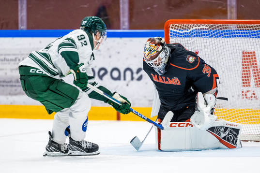 Färjestads Liam Öhgren och Malmö Redhawks målvakt Adam