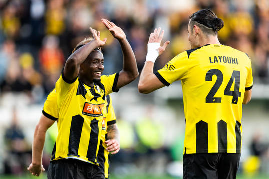 Ibrahim Sadiq and Amor Layouni of Häcken celebrates