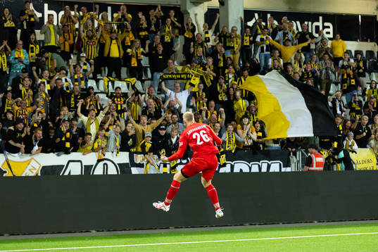 Goalkeeper Peter Abrahamsson of Häcken celebrates with