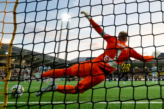 Ibrahim Sadiq of Häcken scores 4-0 behind goalkeeper