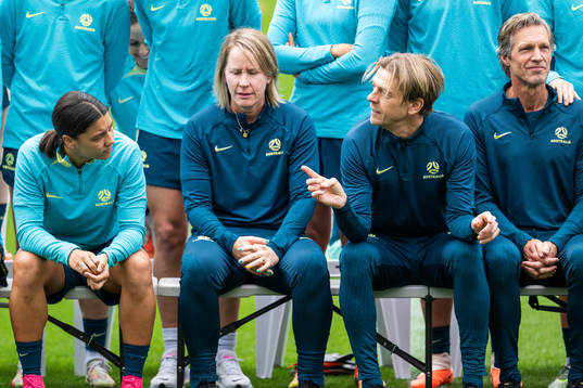 Sam Kerr and Head coach Tony Gustavsson of the Australian