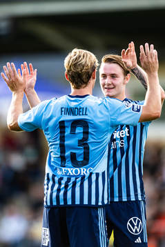 Djurgårdens Hampus Finndell och Noel Milleskog jublar efter 0-1