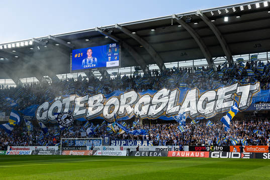 IFK Göteborgs klack med Tifo innan fotbollsmatchen i Allsvenskan mellan IFK Göteborg och Häcken den 27 augusti 2023 i Göteborg. 