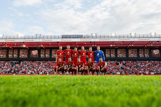 The starting eleven of Brann, from the top left; Sivert Heltne Nilsen, Fredrik Pallesen Knudsen, Svenn Crone, Ruben Kristiansen, Sander Kartum, Mathias Dyngeland, Felix Horn Myhre, Frederik Børsting, Thore Baardsen Pedersen, Bård Finne and Niklas Castro poses for a team group photo ahead of the UEFA Europa Conference League play-off match between Brann and AZ Alkmaar on August 31, 2023 in Bergen.