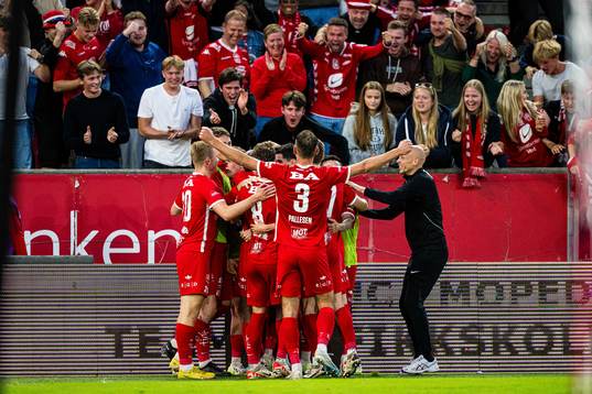 Japhet Sery Larsen of Brann celebrates after scoring the 3-3 goal