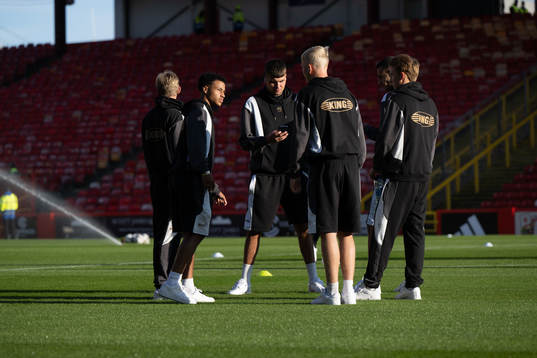 The players inspect the pitch ahead of the UEFA Europa League play-off between Aberdeen and Häcken on August 31, 2023 in Aberdeen. 