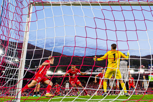 Japhet Sery Larsen of Brann celebrates after scoring the 3-3 goal