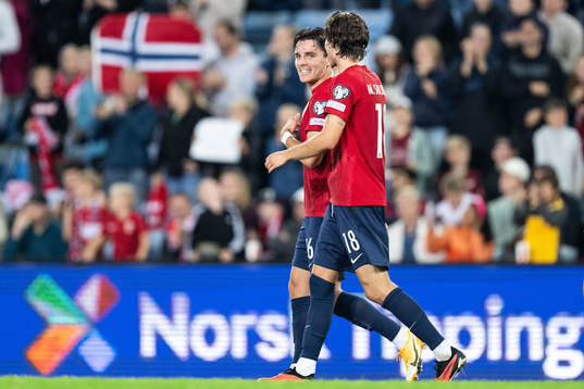 Hugo Vetlesen of Norway celebrates with Markus Solbakken