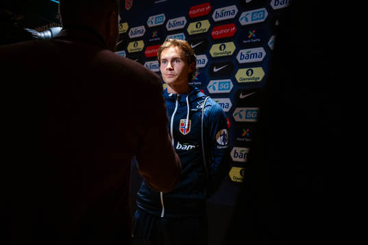 Markus Solbakken of Norway in mixed zone