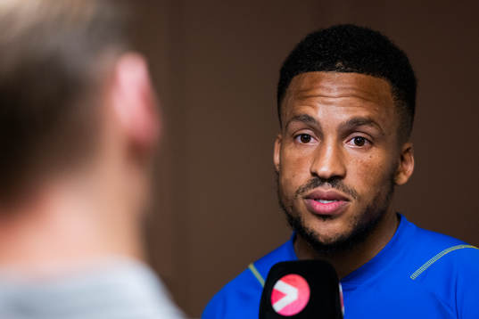 Martin Olsson of the Swedish national football team at a mixed zone