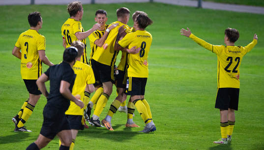 IFK Hässleholms jubel i matchen i division 2 mellan IFK Hässleholm och Nosaby IF i Hässleholm 15 september 2023.
