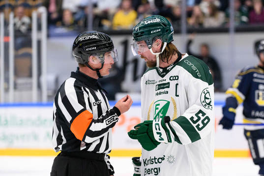 Domare Alexander Östlund pratar med Färjestads Linus