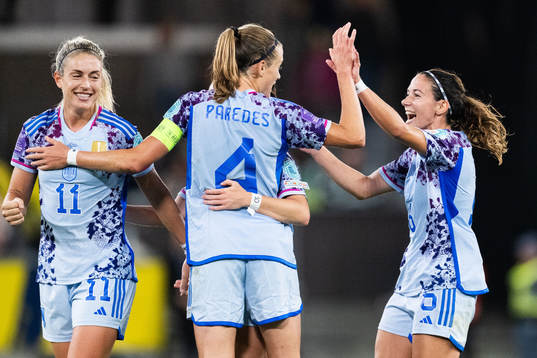 Alexia Putellas, Irene Paredes and Aitana Bonmati of Spain celebrate