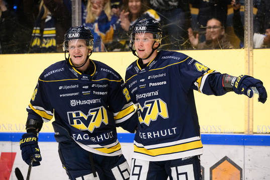 HV71s Tommi Tikka och Oskar Stål-Lyrenäs jublar