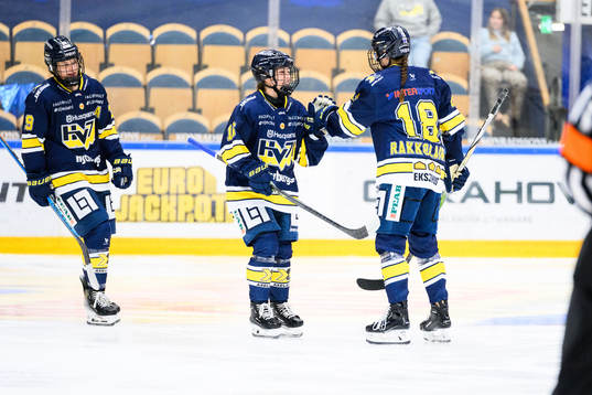 HV71s Kajsa Armborg och Emmi Rakkolainen  jublar
