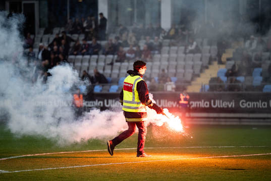 En funktionär avlägsnar en bengal från planen