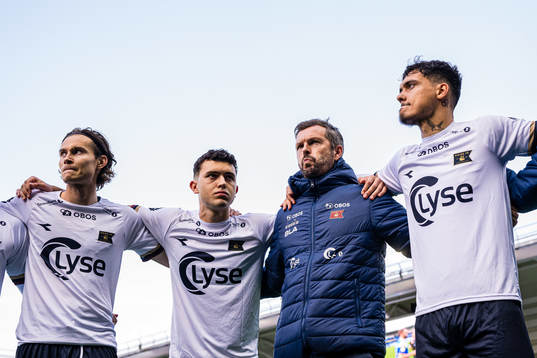 Markus Solbakken, Patrick Yazbek, Bjarte Lunde Aarsheim, head coach of Viking, and David Brekalo of Viking ahead of the Eliteserien match between Molde and Viking on October 1, 2023 in Molde.