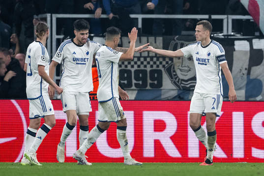 Viktor Claesson of Copenhagen celebrate with teammates after Lukas Lerager of Copenhagen score 1-0