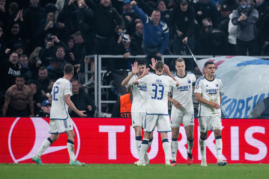 Viktor Claesson of Copenhagen celebrate with teammates after Lukas Lerager of Copenhagen score 1-0