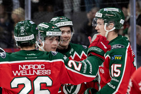 Frölundas Linus Öberg och Gustav Rydahl jublar