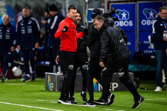 Eirik Horneland, head coach of Brann, celebrates at the final whistle after