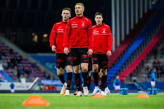 Joachim Soltvedt, Sivert Heltne Nilsen and Eivind Fauske Helland of Brann ahead of the Eliteserien match between Vålerenga and Brann on October 8, 2023 in Oslo.