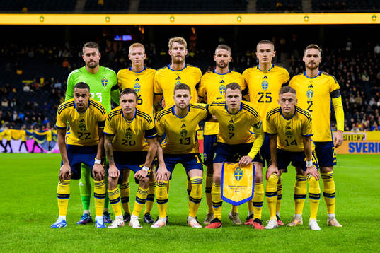Starting eleven of Sweden, goalkeeper Kristoffer Nordfeldt, Hugo Larsson, Filip Helander, Marcus Rohdén, Gustaf Lagerbielke, Linus Wahlqvist Egnell, Robin Quaison, Kristoffer Olsson, Gabriel Gudmundsson, Viktor Claesson and Jesper Karlsson ahead of the international friendly football match between Sweden and Moldova on October 12, 2023 in Stockholm. 