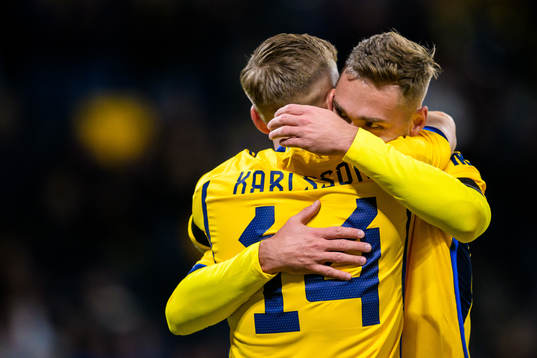 Jesper Karlsson and Linus Wahlqvist Egnell of Sweden celebrating after 1-0