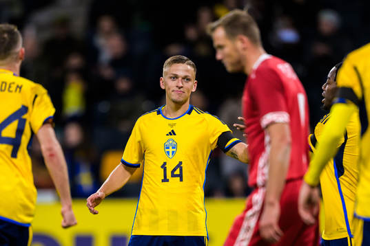 Jesper Karlsson of Sweden celebrating 3-1