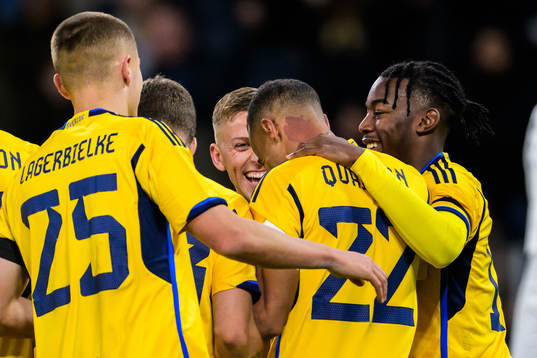 Jesper Karlsson of Sweden celebrating 3-1