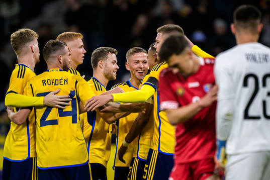 Jesper Karlsson of Sweden celebrating 3-1