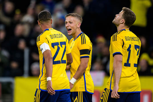Robin Quaison, Jesper Karlsson, and Gabriel Gudmundsson of Sweden after 3-1
