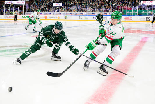 Färjestads Lucas Forsell och Rögles Samuel Jonsson