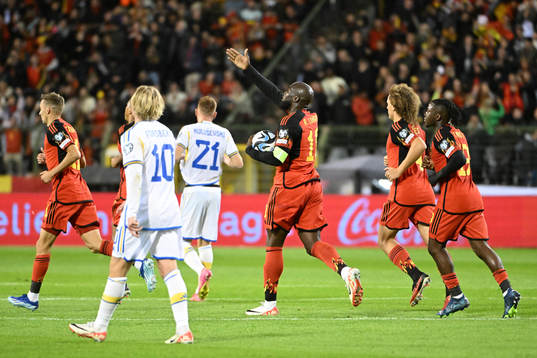  Football, UEFA Euro Qualifier, Belgium - Sweden:Romelu Lukaku of Belgium celebrates after scoring the 1-1 goal during the seventh game in group F of the UEFA Qualifying Round of the European Championship 2024 between Belgium and Sweden on Oktober 16, 2023 in Brussels, Belgium. (