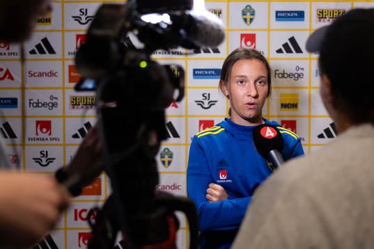 Julia Zigiotti Olme of Sweden is interviewed at a press