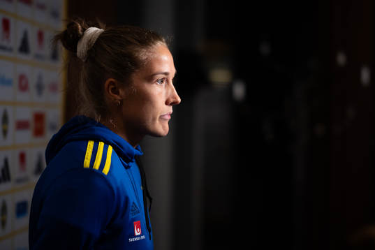 Filippa Angeldahl of Sweden is interviewed at a press event