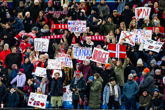 Spectators in the stands ahead of the UEFA Women’s Nations League football match between Norway and France on October 27, 2023 in Oslo. 