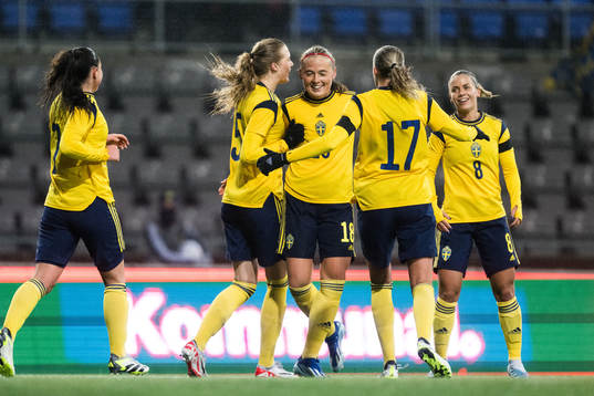 Paulina Nyström, Ebba Handfast, and Johanna Renmark of Sweden celebrate after 2-0