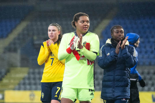Emilia Pelgander, goalkeeper Serina Iddrisu Backmark and Monica Jusu Bah of Sweden of Sweden celebrate