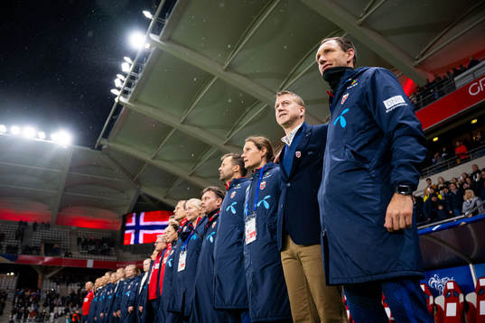 Coach Bård Homstøl, goalkeeper coach Jon Knudsen, assistant coach Ingvild Stensland, head coach Leif Gunnar Smerud and assistant coach Terje Skjeldestad of Norway ahead of the UEFA Women’s Nations League football match between France and Norway on October 31, 2023 in Reims. 
