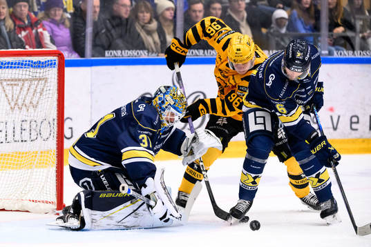 HV71s målvakt Joni Ortio och Skellefteås Rickard Hugg och