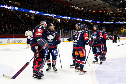 Linköpings målvakt Marcus Högberg jublar med lagkamrater