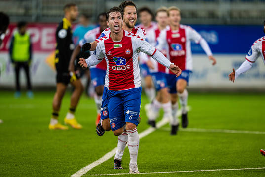 Remi-André Svindland of KFUM celebrates after scoring the 1-0 goal