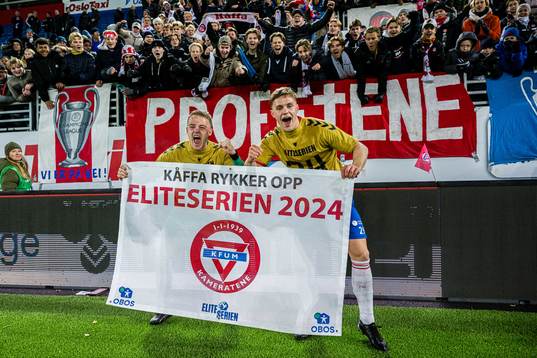 Emil Gundelach Ødegaard and Kristoffer Lassen Harrison of KFUM celebrates promotion to the Eliteserien