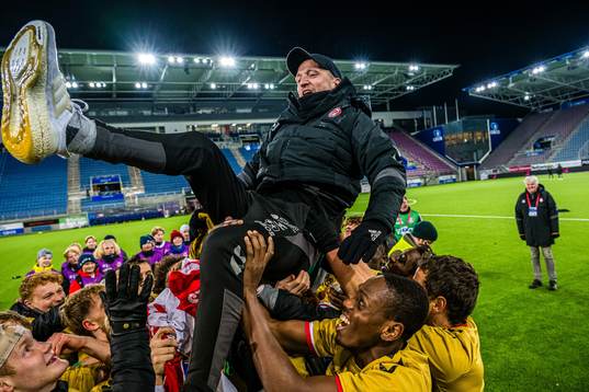 Johannes Moesgaard, head coach of KFUM, celebrates