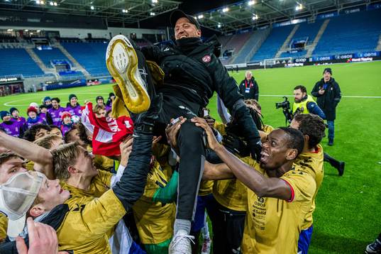 Johannes Moesgaard, head coach of KFUM, celebrates