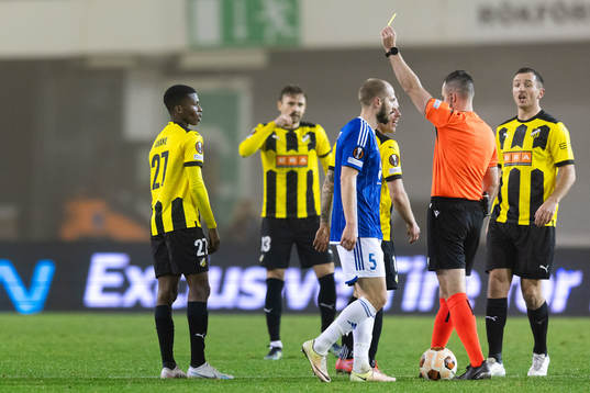 Akoua Romeo Amane of BK Häcken receives a yellow card