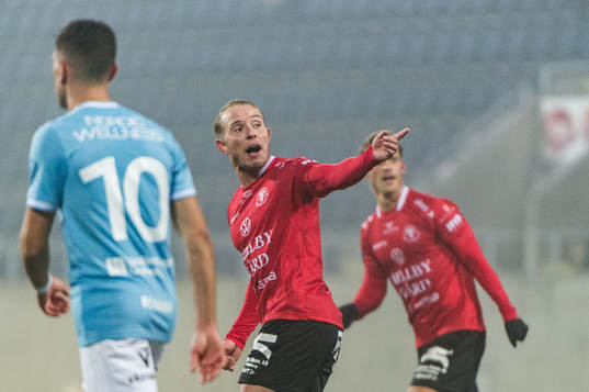 Trelleborgs Pierre Dahlin Larsen jublar efter 1-1